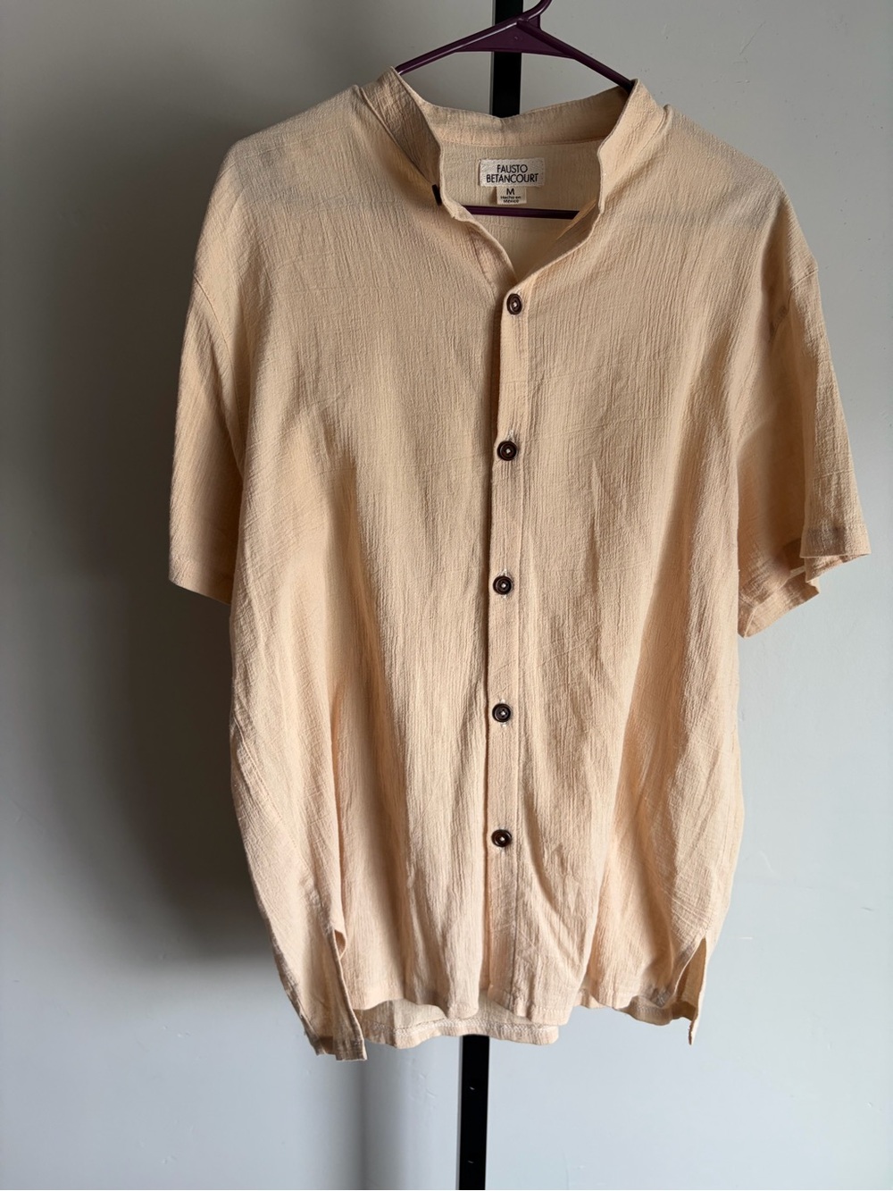 Fausto Betancourt Men Gauze Button Up Cream Mandarin Collar Short Sleeve size M